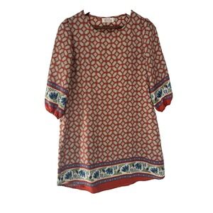 Willa Mini Shift Dress M Geometric Floral Orange  3/4 Sleeve USA Boho Cottage